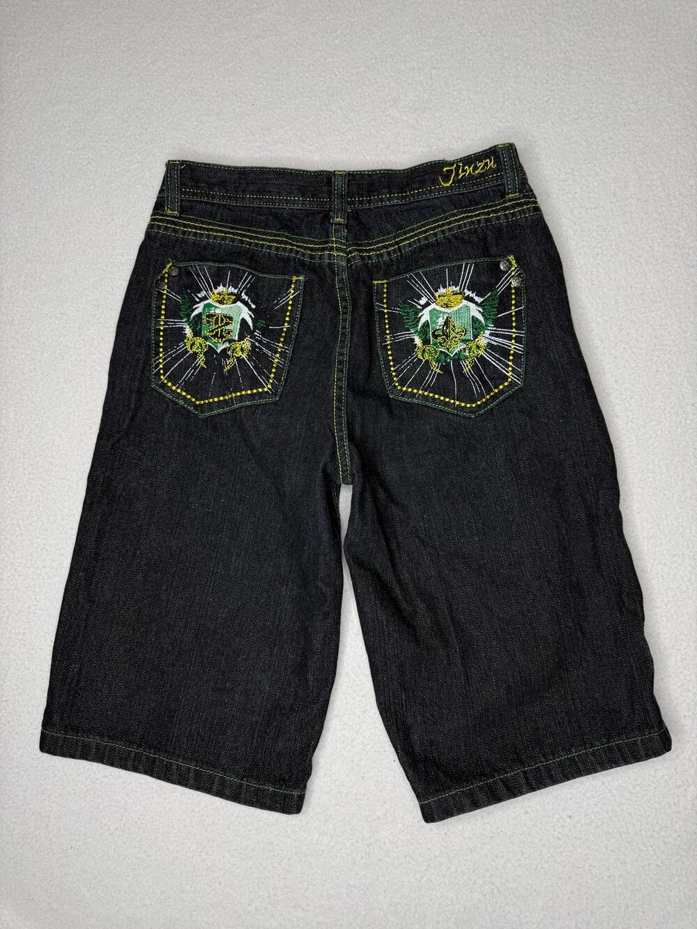Jinzu Denim Size 18 Black Long Denim Shorts Embroidered Baggy Y2K Jorts